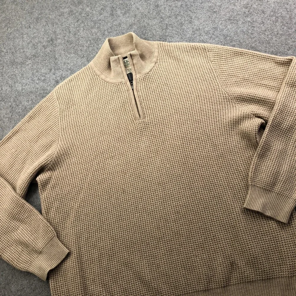 L.L. Bean Sweater Mens XL Beige 1/4 Zip Mock Neck Cashmere Waffle Knit Pullover